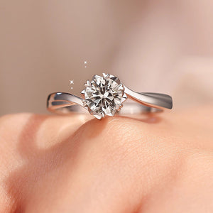 Twisted Bypass Shank Snowflake Six-Prong Lab Grown Diamond Solitaire Ring | 14K White Gold Plated 925 Sterling Silver